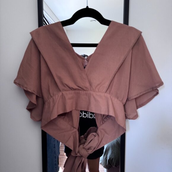 Summer Chiffon Blouse Wrap Front V Neck Bow Tied Back Khaki Color - Picture 2 of 3